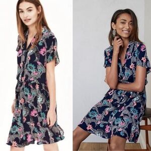 Banana Republic Short Sleeve Shirt Dress Tropical Floral Bird Print Navy 12 EUC
